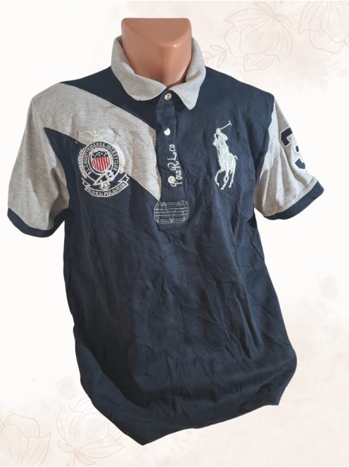 POLO RALPH LAUREN férfi galléros póló – Tengerészkék & szürke, hímzett logókkal (L)